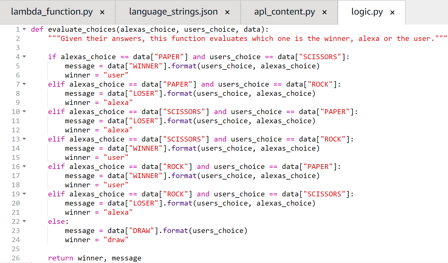 evaluate_choices() function from logic.py