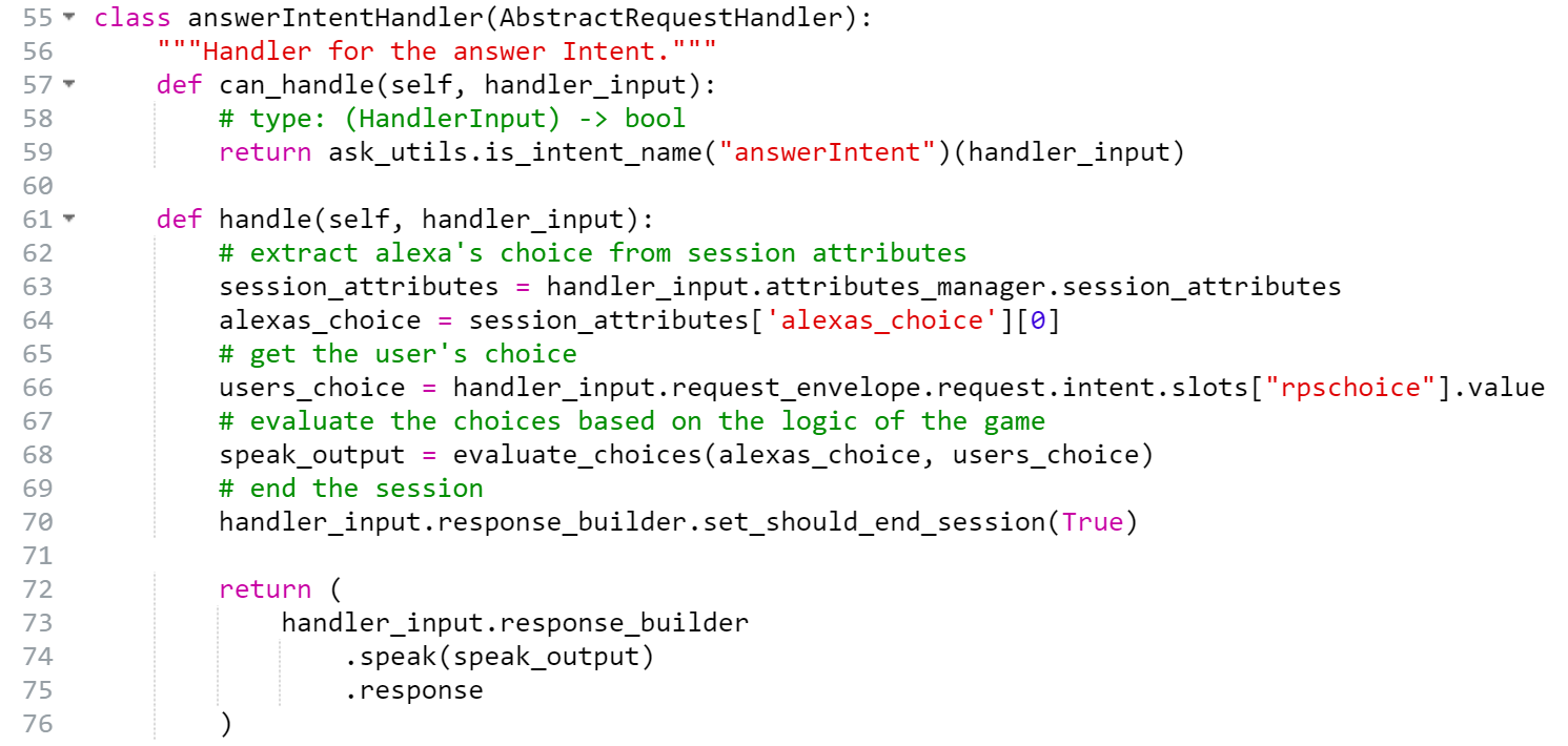 AnswerIntentHandler in the lambda_function.py file