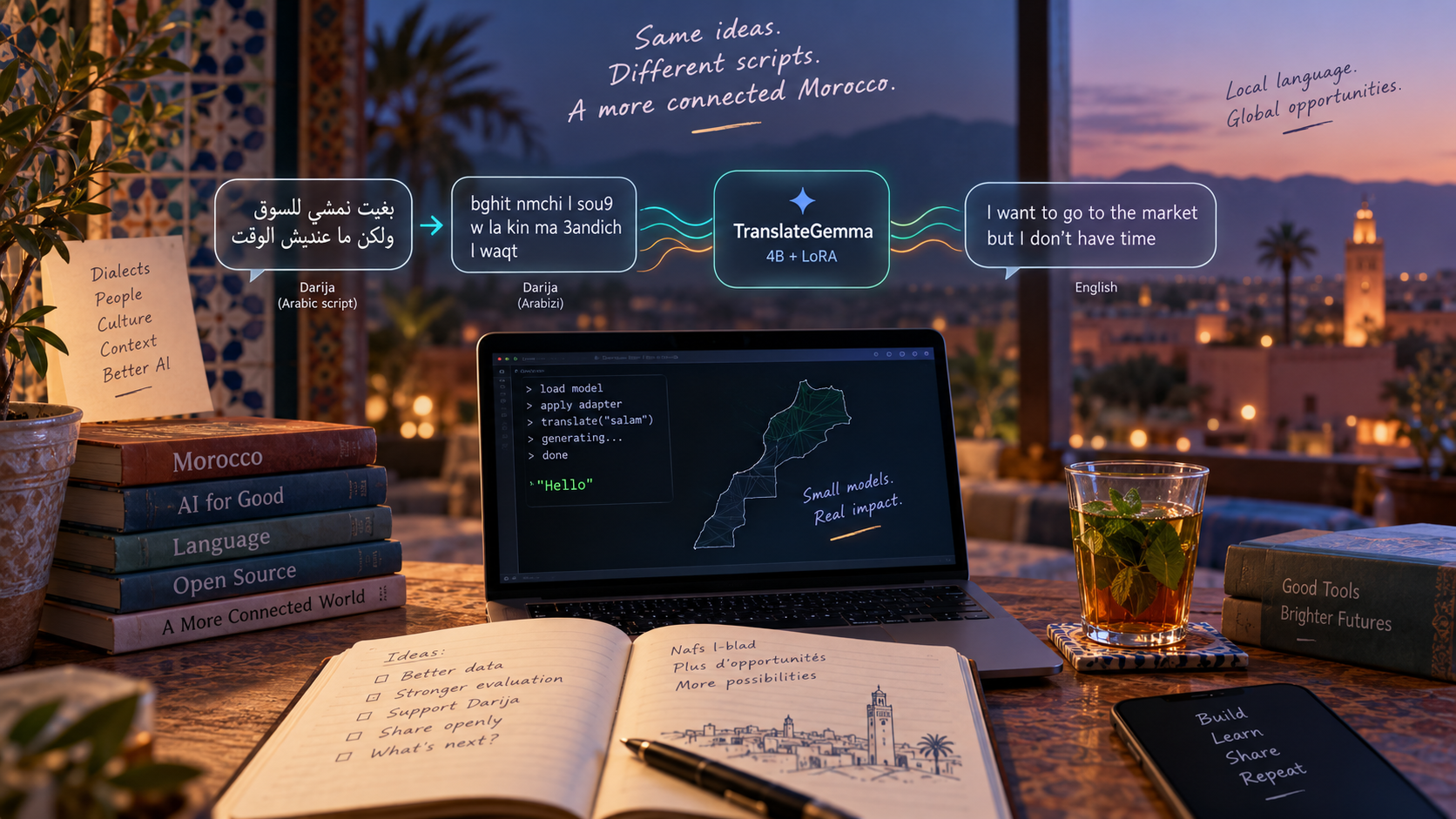 TranslateGemma 4B + LoRA translating Darija in Arabic script and Arabizi into English, set against a Moroccan evening workspace